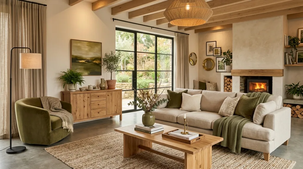 Earthy interior olive green accents 202605251108