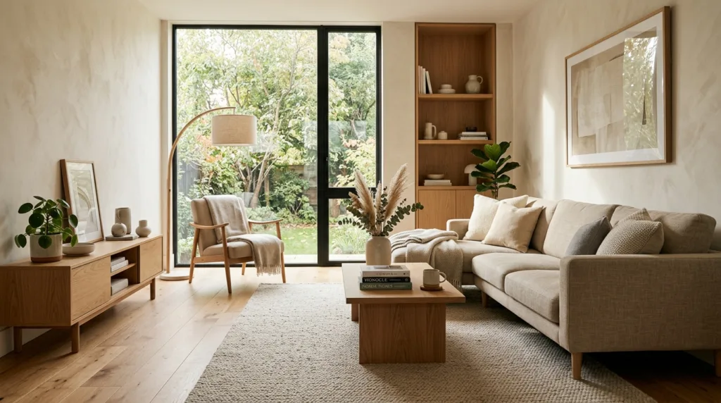 Living room with beige sofa 202605251029