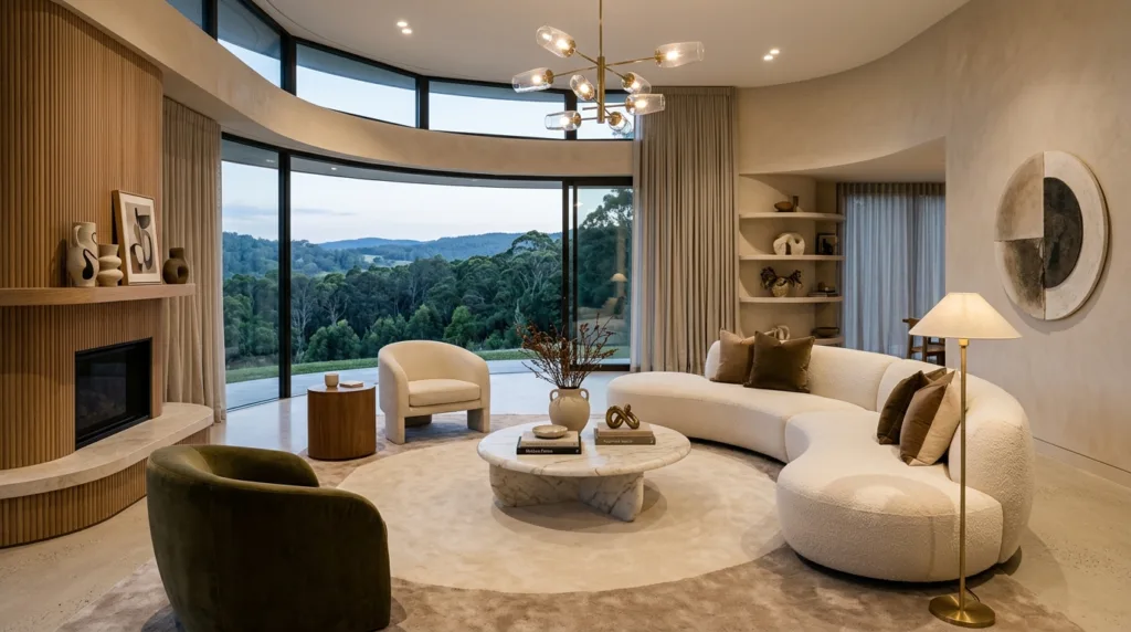 Living room with curved sofa 202605251110