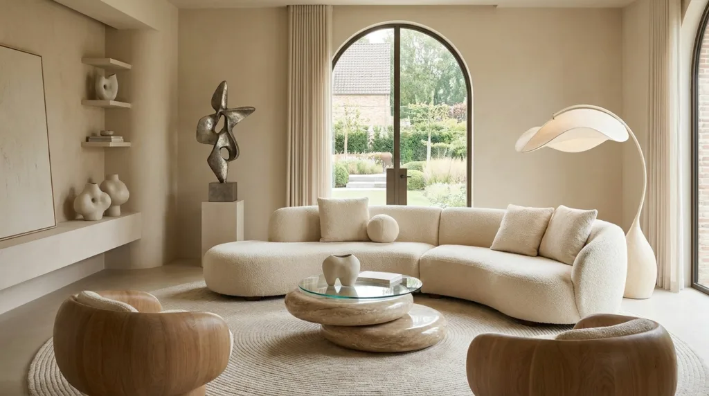 Living room with curved sofa 202605251111